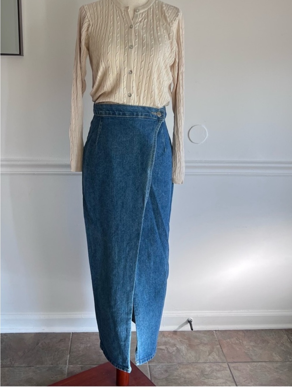 Vintage Denim Wrap Maxi Skirt in Blue